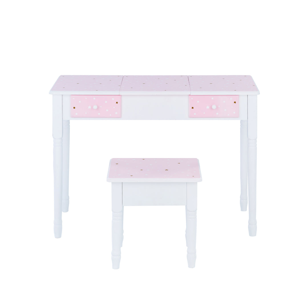 A Fantasy Fields Kids Kate Twinkle Star Vanity Set with Foldable Mirror and Chair, Pink/White dressing table with a stool.