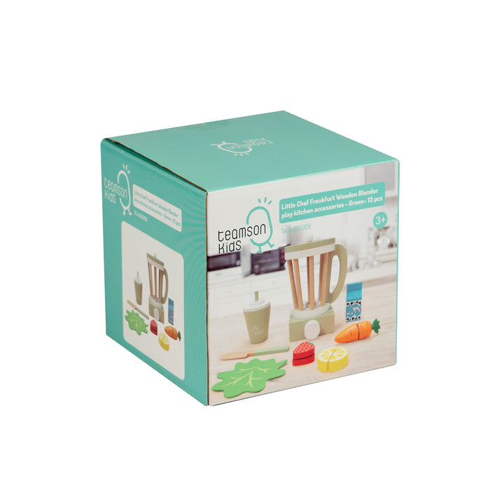 A boxed Teamson Kids Little Chef Frankfurt wooden blender play kitchen accessory set with pretend ingredients for children aged 3 and up.