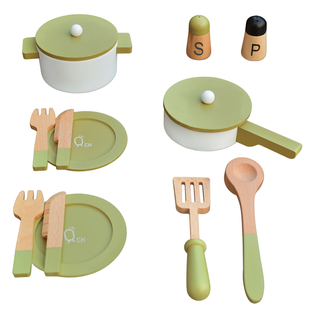 Replacement: Set of Teamson Kids Little Chef Frankfurt Wooden Cookware Play Kitchen Accessories in Green, including pots, pans, plates, and utensils.