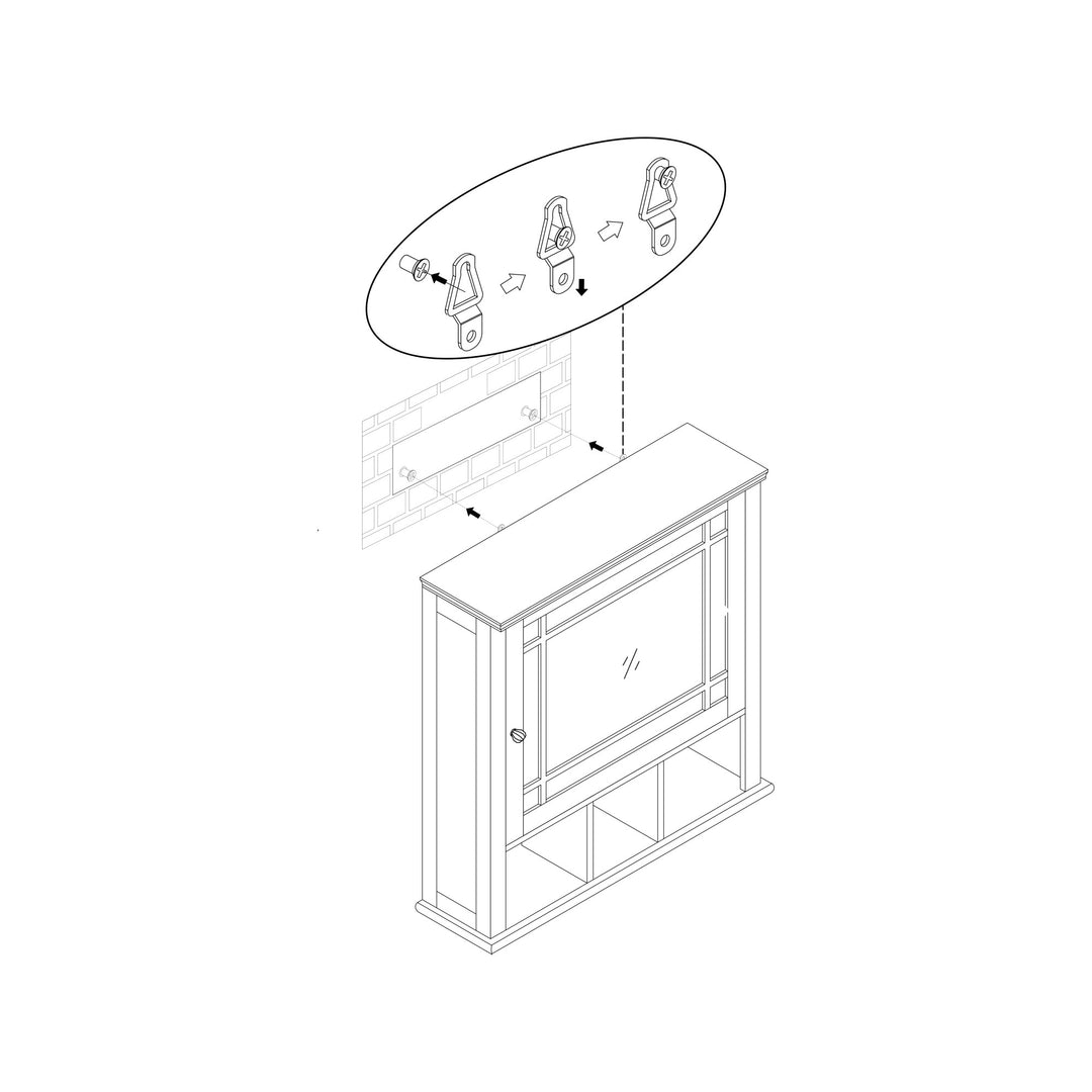 Exploded view diagram of a Teamson Home Neal Wooden Medicine Cabinet with Mirrored Door, Espresso with its components floating above it.