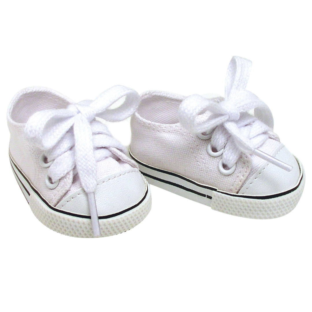 Sophia’s White Canvas Sneaker Shoes with Laces for 18" Dolls on a white background.