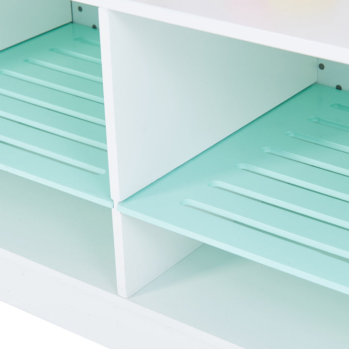 Image shows the slotted shelves for display, or storage.