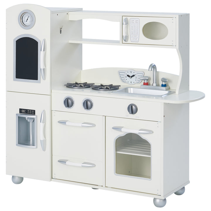 Teamson Kids Little Chef Westchester Retro Kids Kitchen Playset, Ivory with stove, oven, sink, microwave, and toy telephone.
