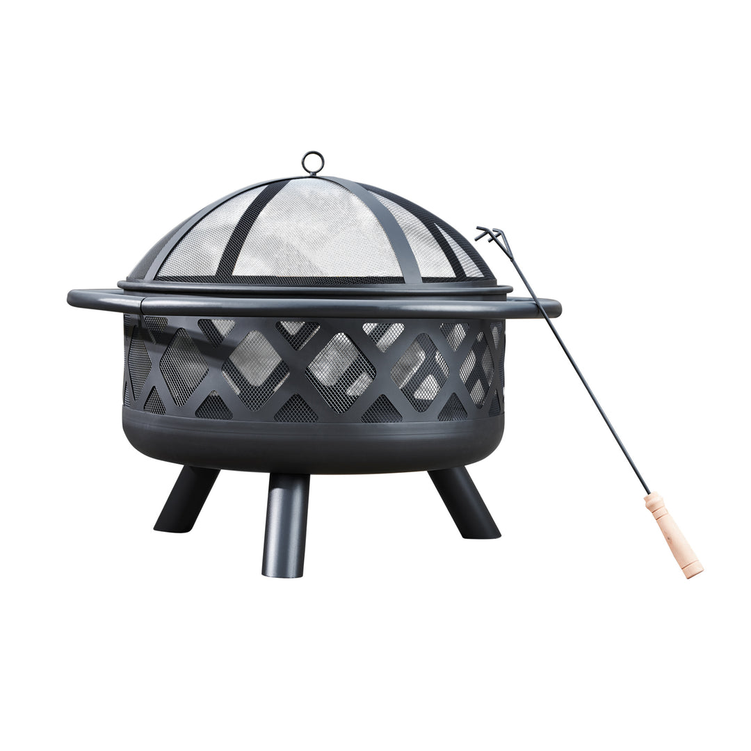 Teamson Home 30" Outdoor Round Wood Burning Fire Pit with Steel Base, Black with a mesh dome cover and a poker tool designed for outdoor decor.