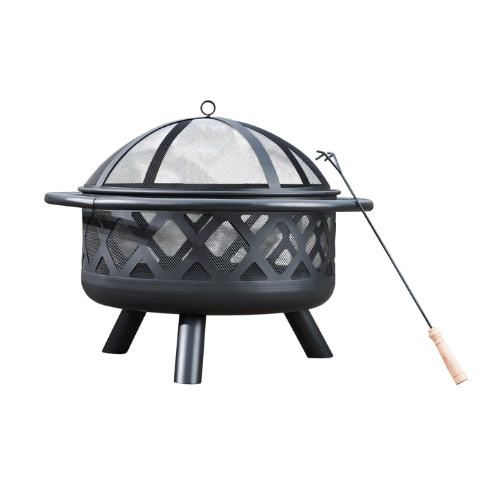 Teamson Home 30" Outdoor Round Wood Burning Fire Pit with Steel Base, Black with a mesh dome cover and a poker tool designed for outdoor decor.