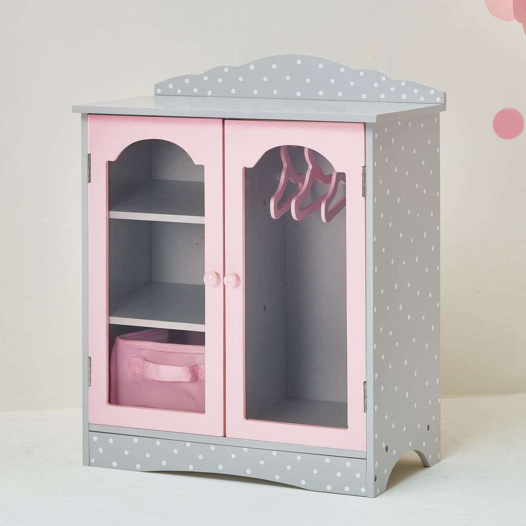 Olivia's Little World Polka Dots Princess Toy Closet with Hangers for 18" Dolls, Gray/Pink.