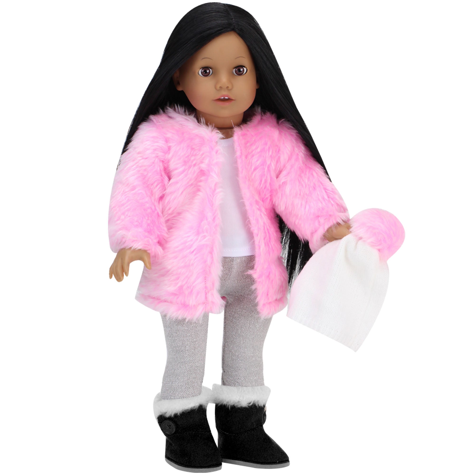 Sophia's Shaggy Coat, Winter Hat, Leggings and Boots for 18" Dolls, Pink/Gray/Black