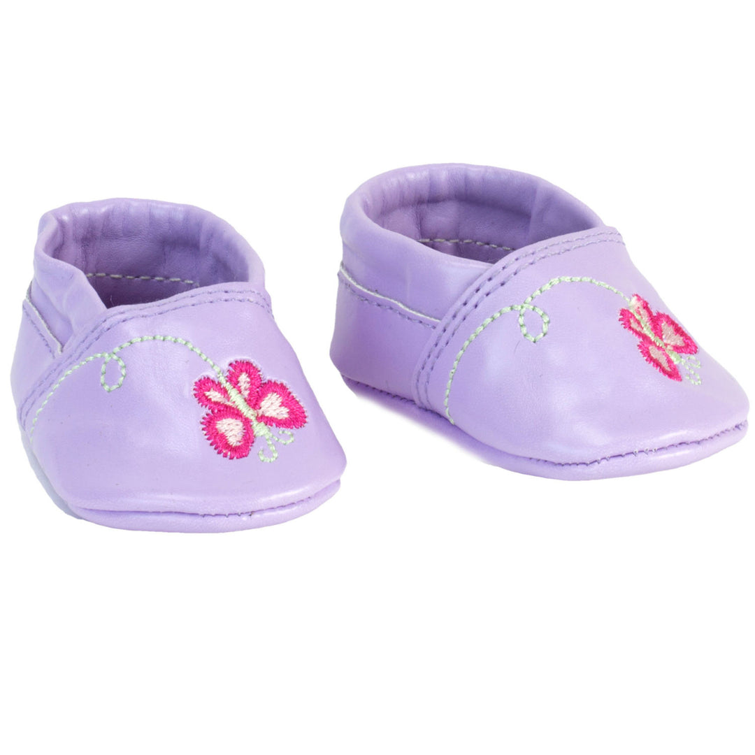 Sophia’s Solid-Colored Vegan Leather Slip-On Soft Sole Baby Shoes with Pink & White Butterfly Embroidery for 18” Dolls, Lavender
