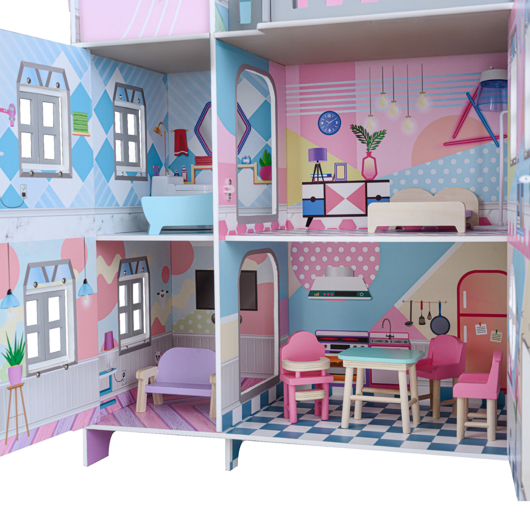 A close-up of the bottom two floors, fully illustrated, with the sofa, table with two tables, high chair, bed and floor lamp, bathtub and toilet.