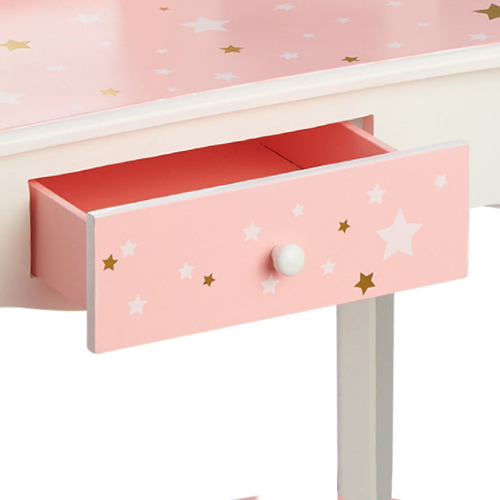 A Fantasy Fields Gisele Play Vanity Set with Mirrors, Pink/White desk with stars on it.