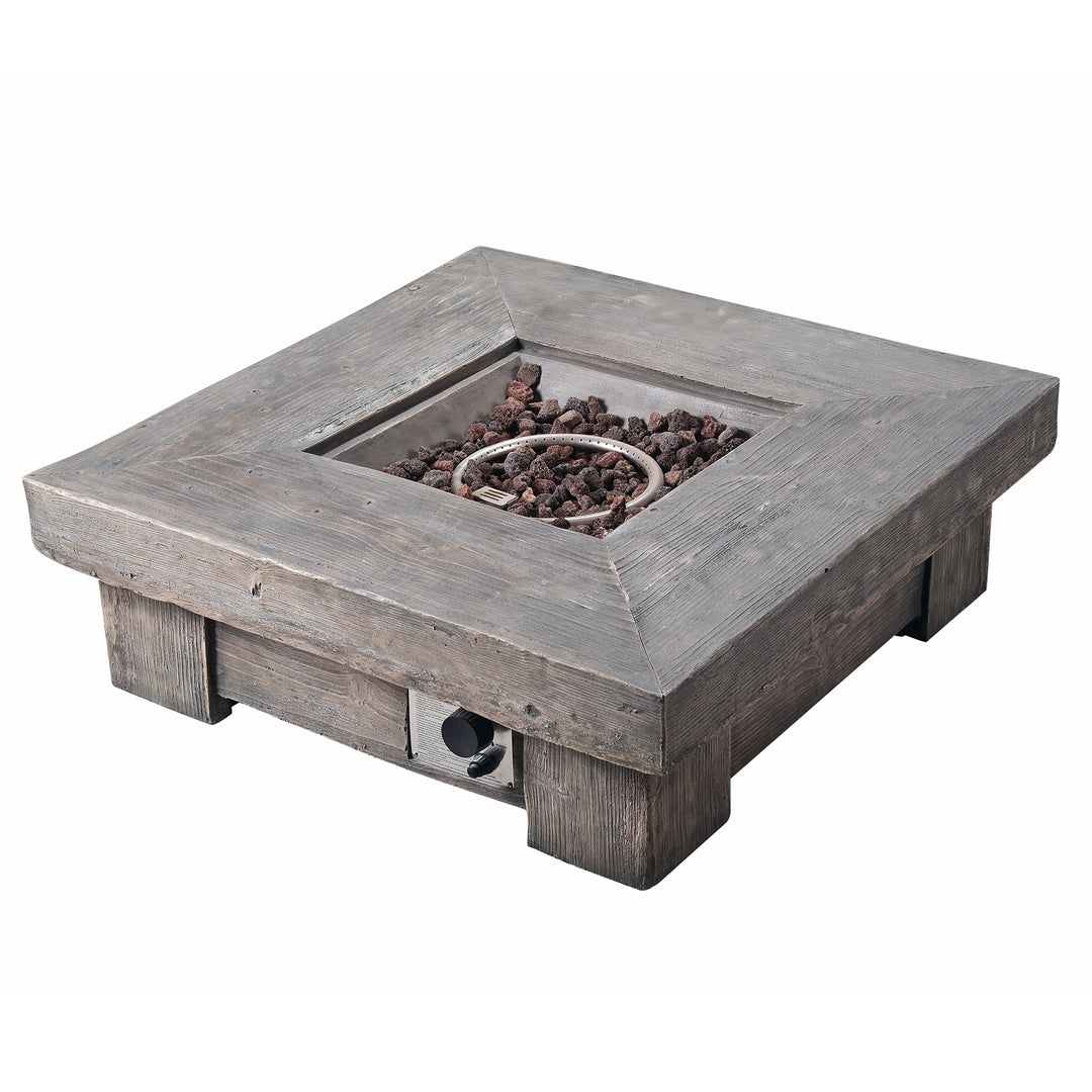 Outdoor Teamson Home 35" Square Retro Wood Look Gas Fire Pit with lava rocks, propane powered.