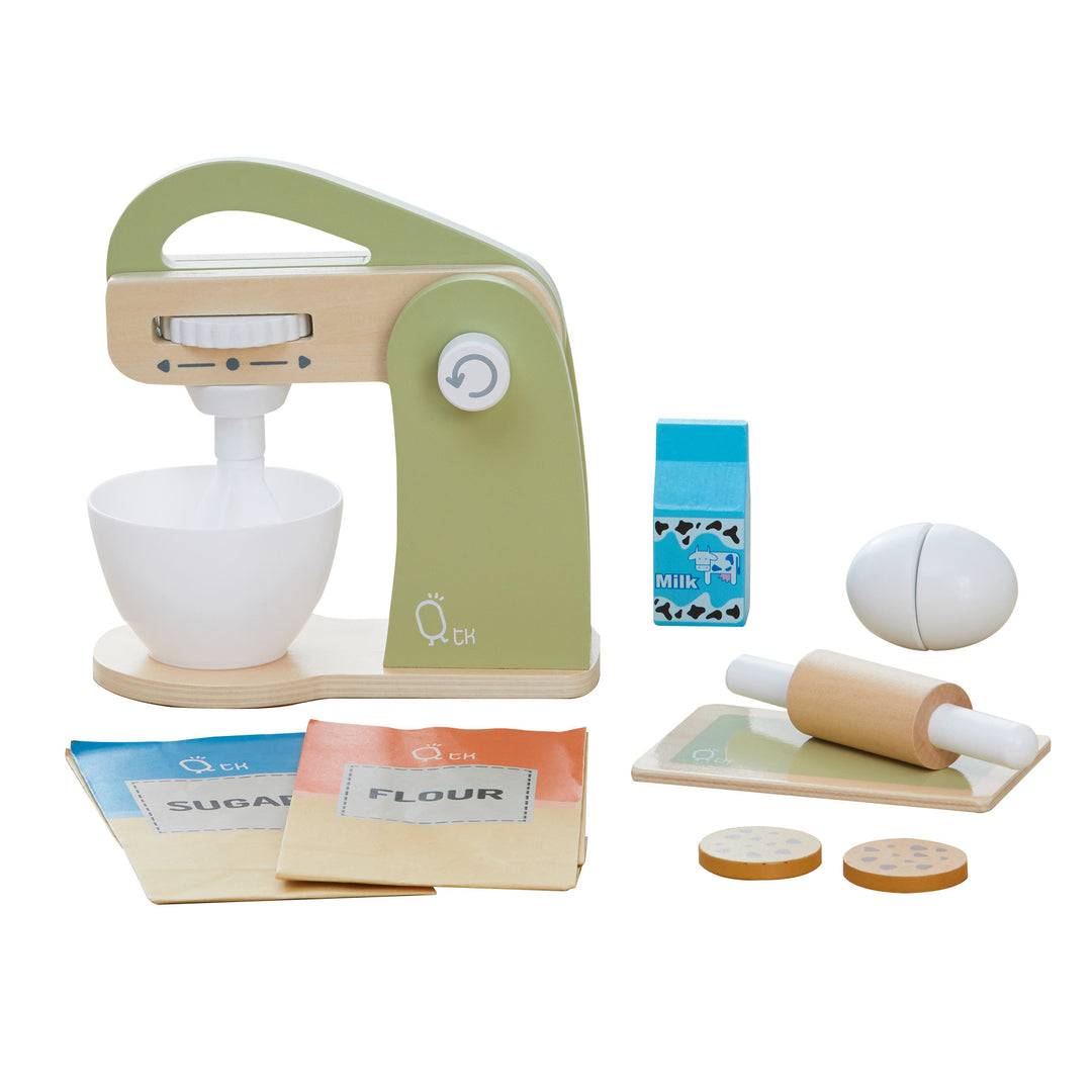 Teamson Kids Little Chef Frankfurt Wooden Mixer Play Kitchen Accessories with pretend milk, flour, sugar, eggs, and a rolling pin.