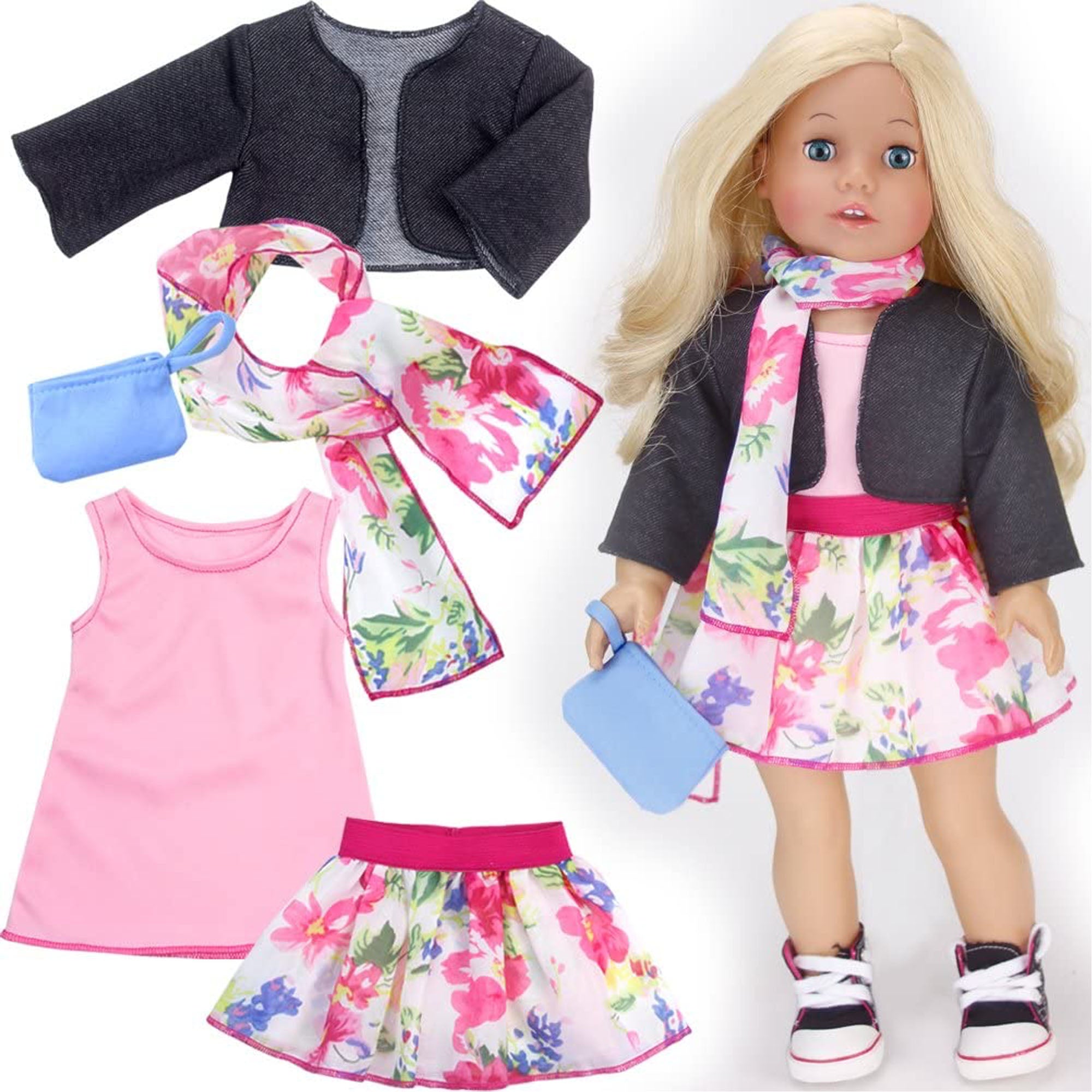 Sophia's 9 Piece Spring Wardrobe Mix and Match Set with Accessories for 18" Dolls, Pink/Blue