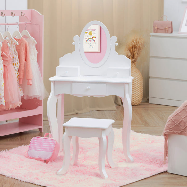 A girl's bedroom with a Fantasy Fields Little Princess Rapunzel Vanity with Mirror, Drawers and Stool, White.