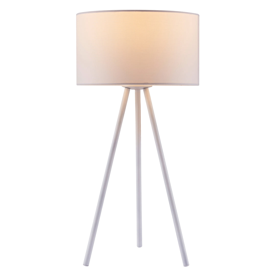 A view of an illuminated Teamson Home 19.7" Eli Tripod Table Lamp with Drum Shade, White from the side