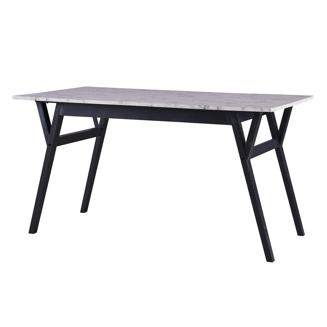 A Teamson Home Ashton Rectangular Marble-Look Dining Table with Wood Base, Marble/Black with solid wood legs and marble tabletop.