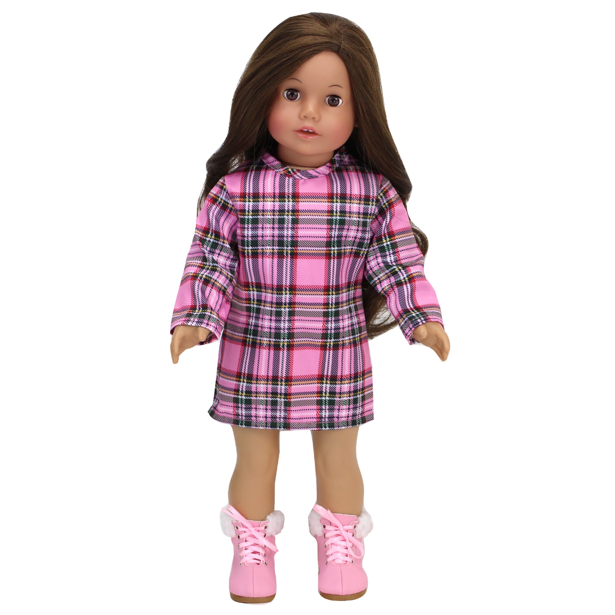 Sophia’s Complete Fall Outfit with Plaid Long-Sleeved Dress, faux fur-Trimmed Parka, & Lace-Up Booties for 18” Dolls, Pink/Green