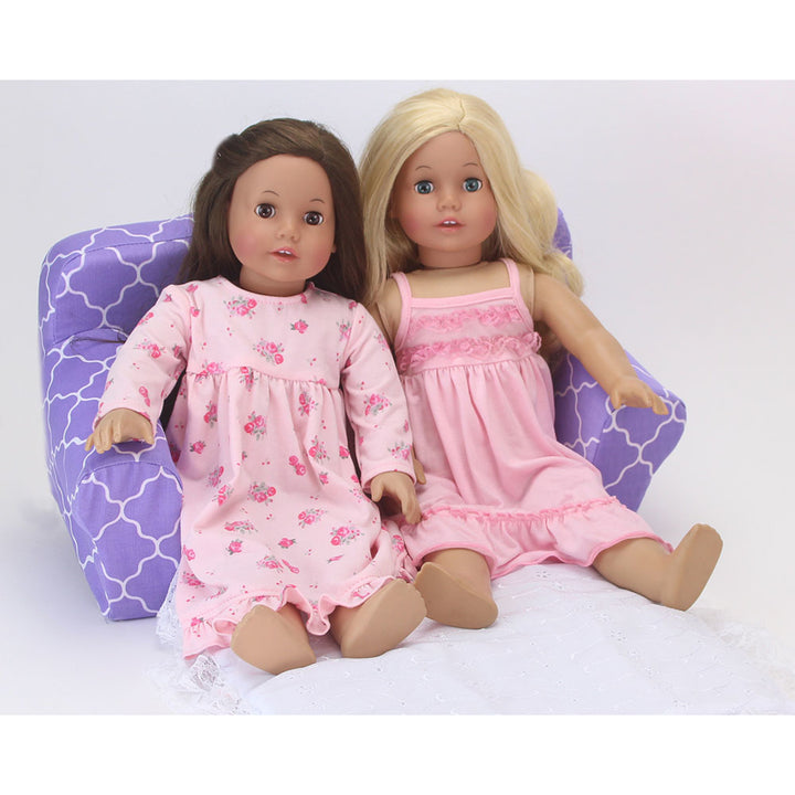 Two Sophia's 18" Doll s sitting on a Print Pull Out Sofa Double Bed - Purple
