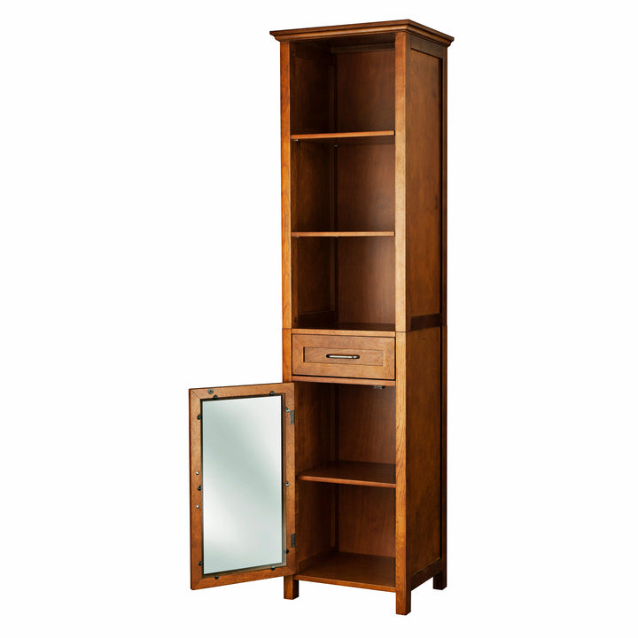 Teamson Home Avery Linen Cabinet with Open Shelves and Storage Drawer, Oiled Oak, with the bottom cabinet door open