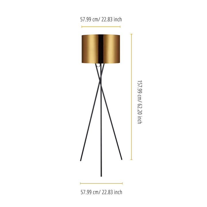 Dimensions in inches and centimeters of a Teamson Home Cara 62" Modern Tripod Floor Lamp with Metal Drum Shade, Black/Goldv