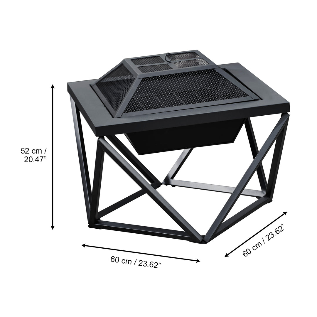 Dimensions in inches and centimeters of a Teamson Home Outdoor 24" Wood Burning Fire Pit with Tabletop and Decorative Base, Black