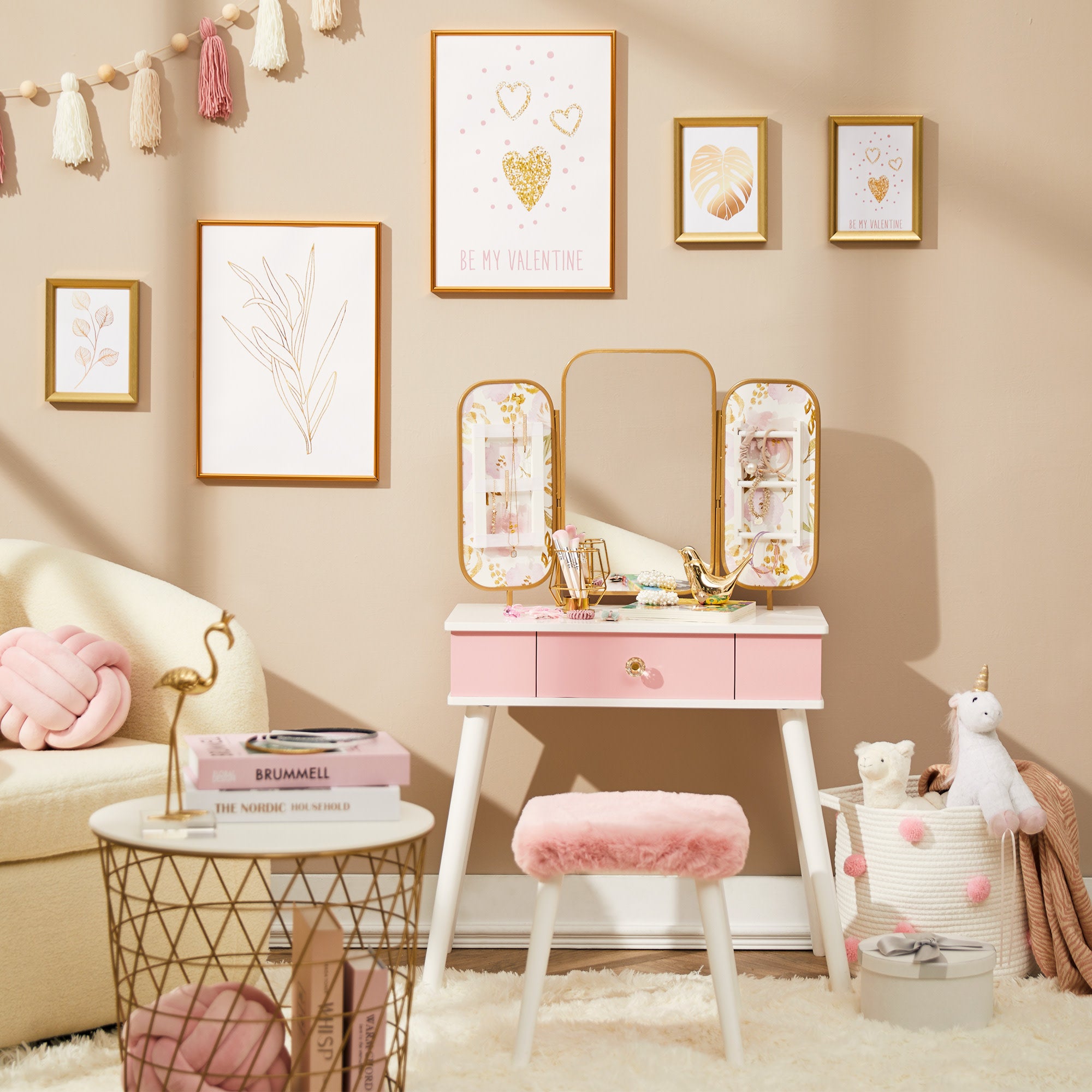 Fantasy Fields Little Lady Izabel Medium Floral Play Vanity Set with Matching Stool & Removable Faux Fur Cover, Floral Printed Panels, & Storage Drawer, White/Pink