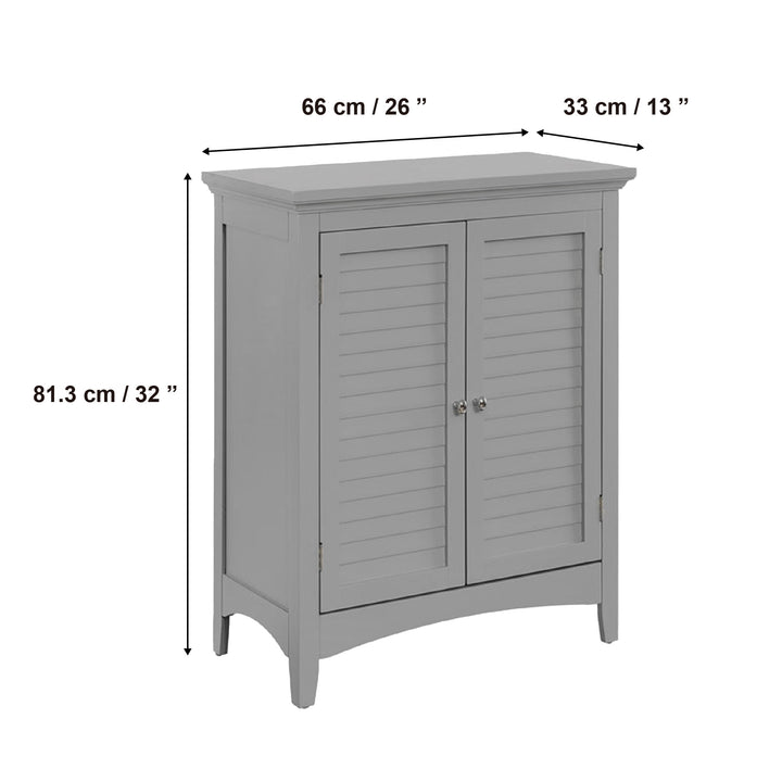 Teamson Home Gray Glancy Floor Cabinet with two louvered doors with dimensions in inches and centimeters
