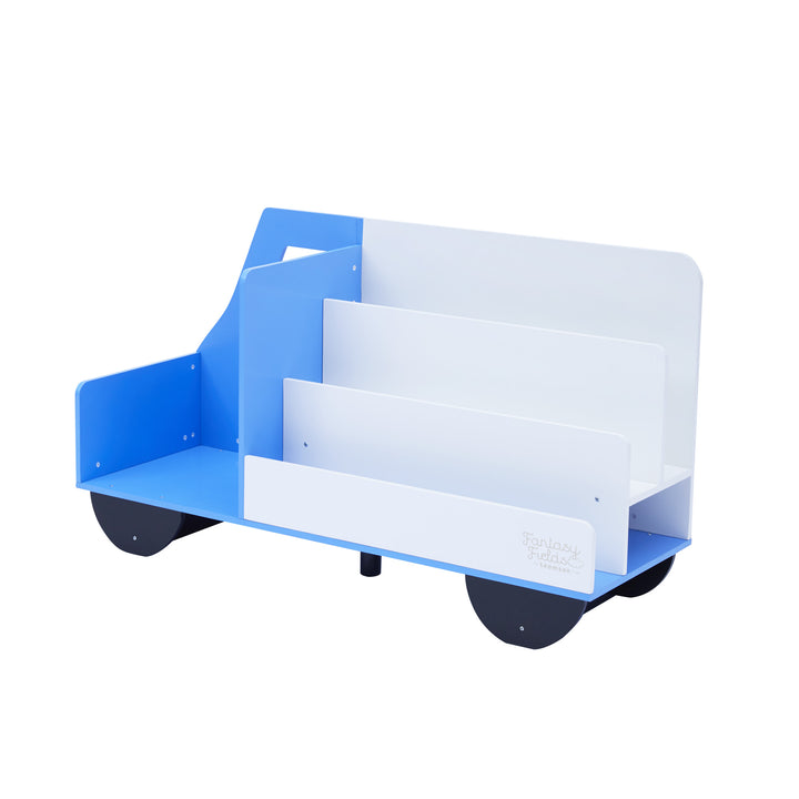 A Fantasy Fields Truck Wooden Display Bookcase, White/Blue, perfect for a children's bedroom.