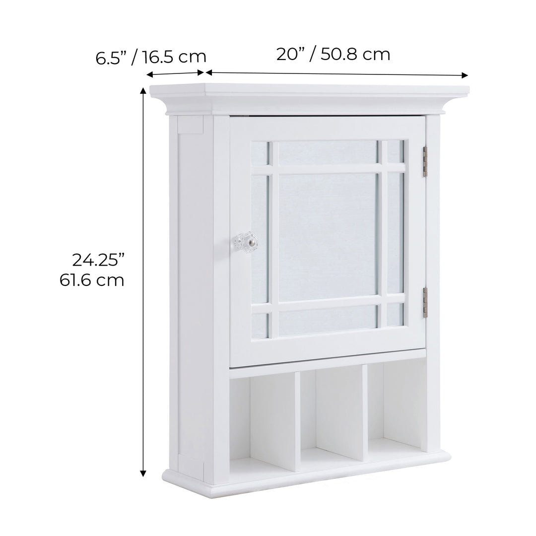 Dimensions in inches and centimeters of a White Teamson Home Neal Removable Mirrored Medicine Cabinet with open shelving
