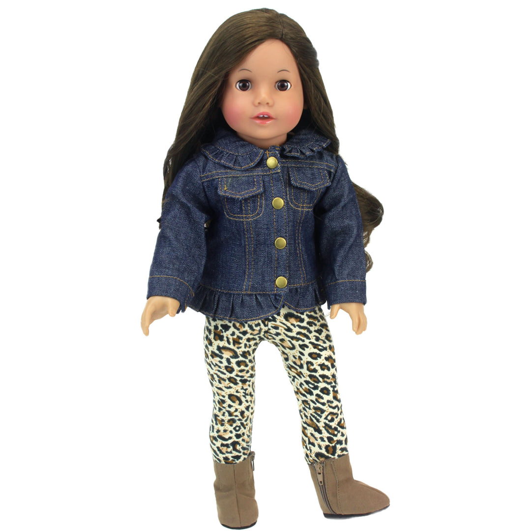 A brunette 18" doll with brown eyes, a ruffled denim jacket, leopard-print leggings and brown boots.
