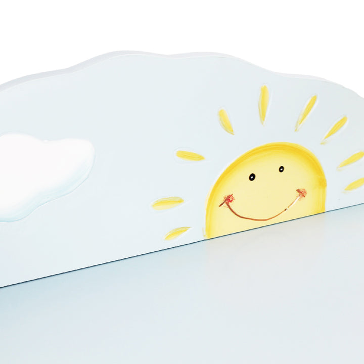 The top of the bookshelf features a yellow sunshine with a smiley face.
