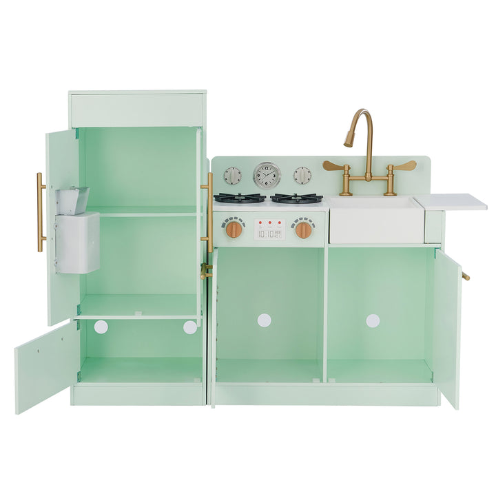 Kids Teamson Kids Little Chef Charlotte Modern Play Kitchen, Mint/Gold with open doors and compartments, featuring a stove, sink, and storage with interactive features.