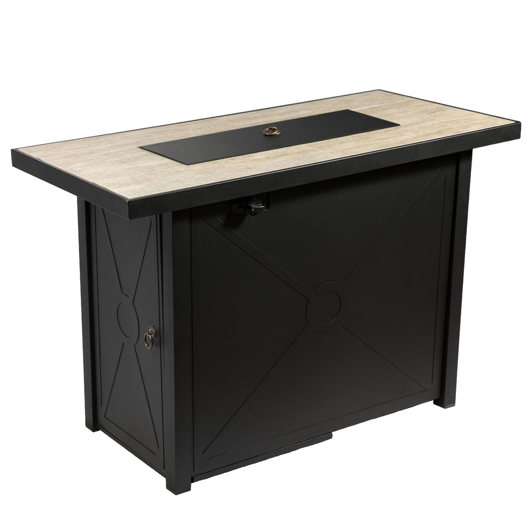 Modern Teamson Home 42" Outdoor Rectangular Propane Gas Fire Pit with Steel Base, Black/Stone lectern with a wooden top, sturdy construction, and an angled reading surface.