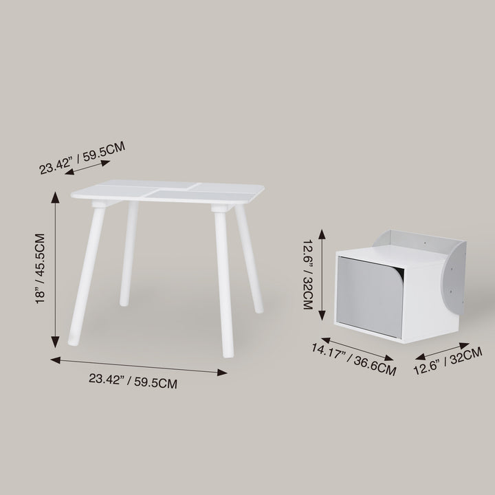 Fantasy Fields Kids Wooden Biscay Bricks Square Table and Two Chair Cubes with Underneath Storage, Gray/White
