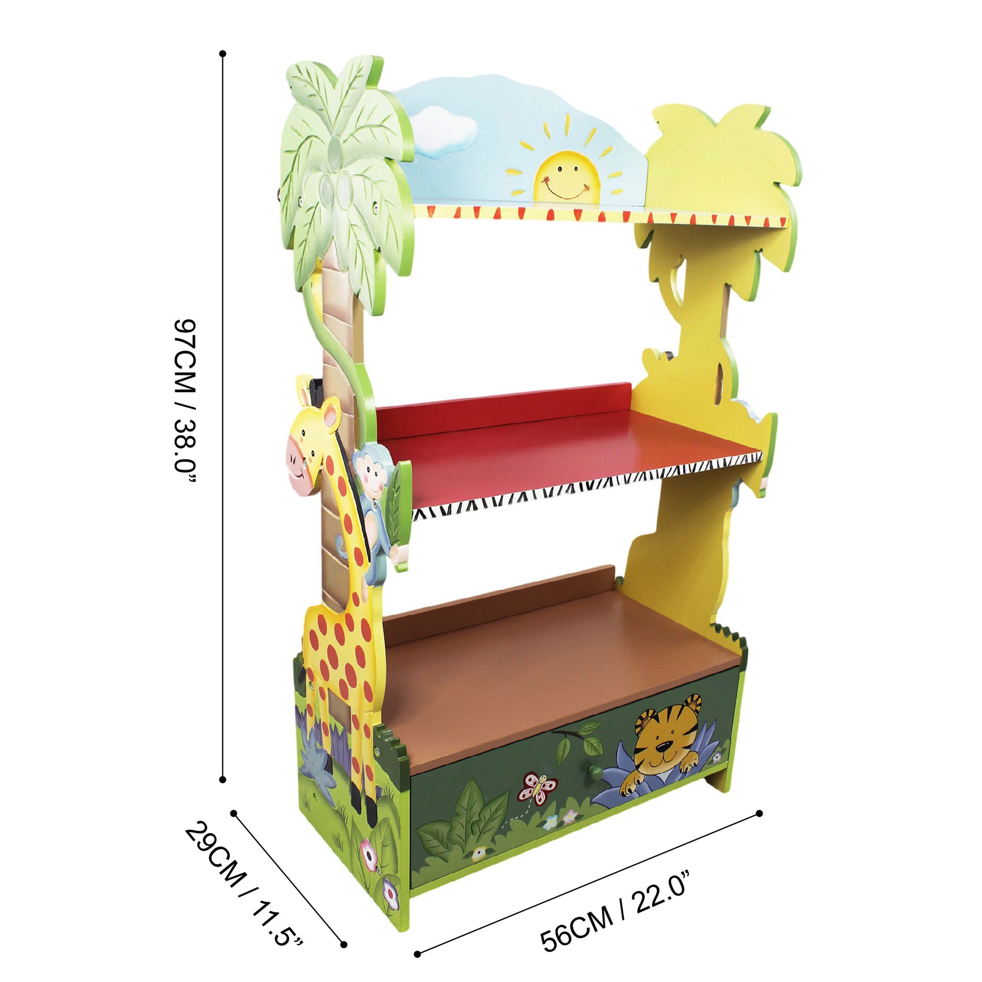 Fantasy Fields Kids Painted Wooden Sunny Safari Bookshelf with Storage Drawer, Multicolor