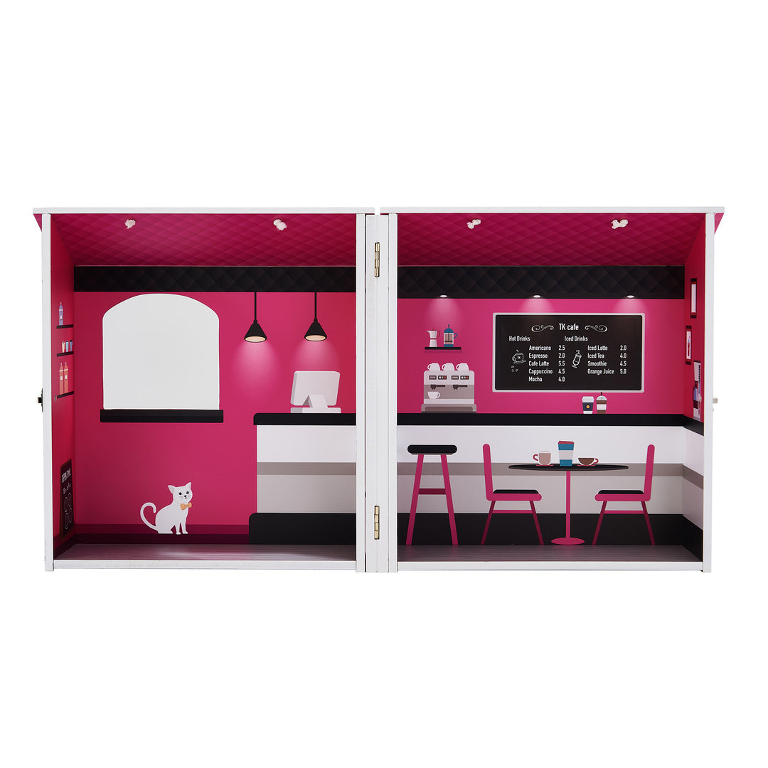 A doll cafe playset opened to display both sides, fully illustrated with a counter, drink board, and table.