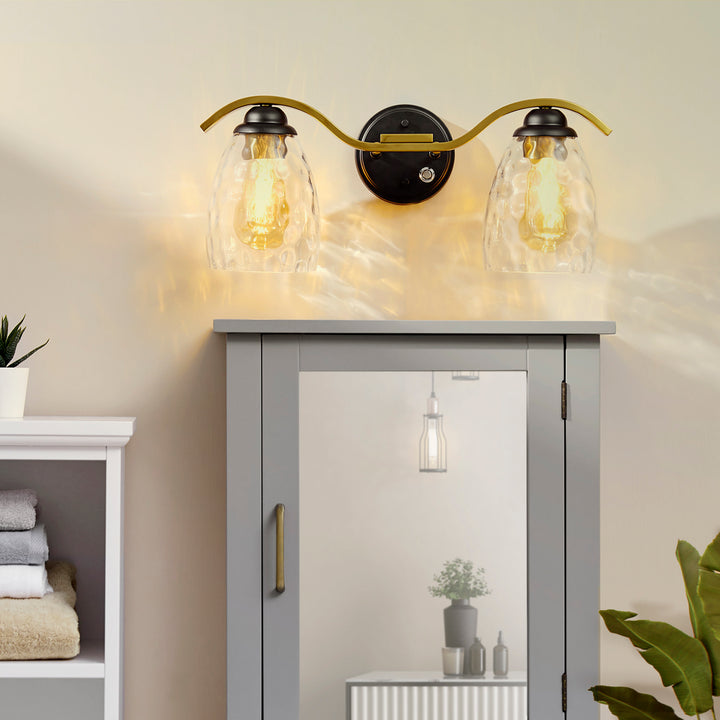 Teamson Home Heidi 2-Light Vanity Fixture with Clear Hammered Glass Cloche Shades, Black/Brass with edison bulbs installed
