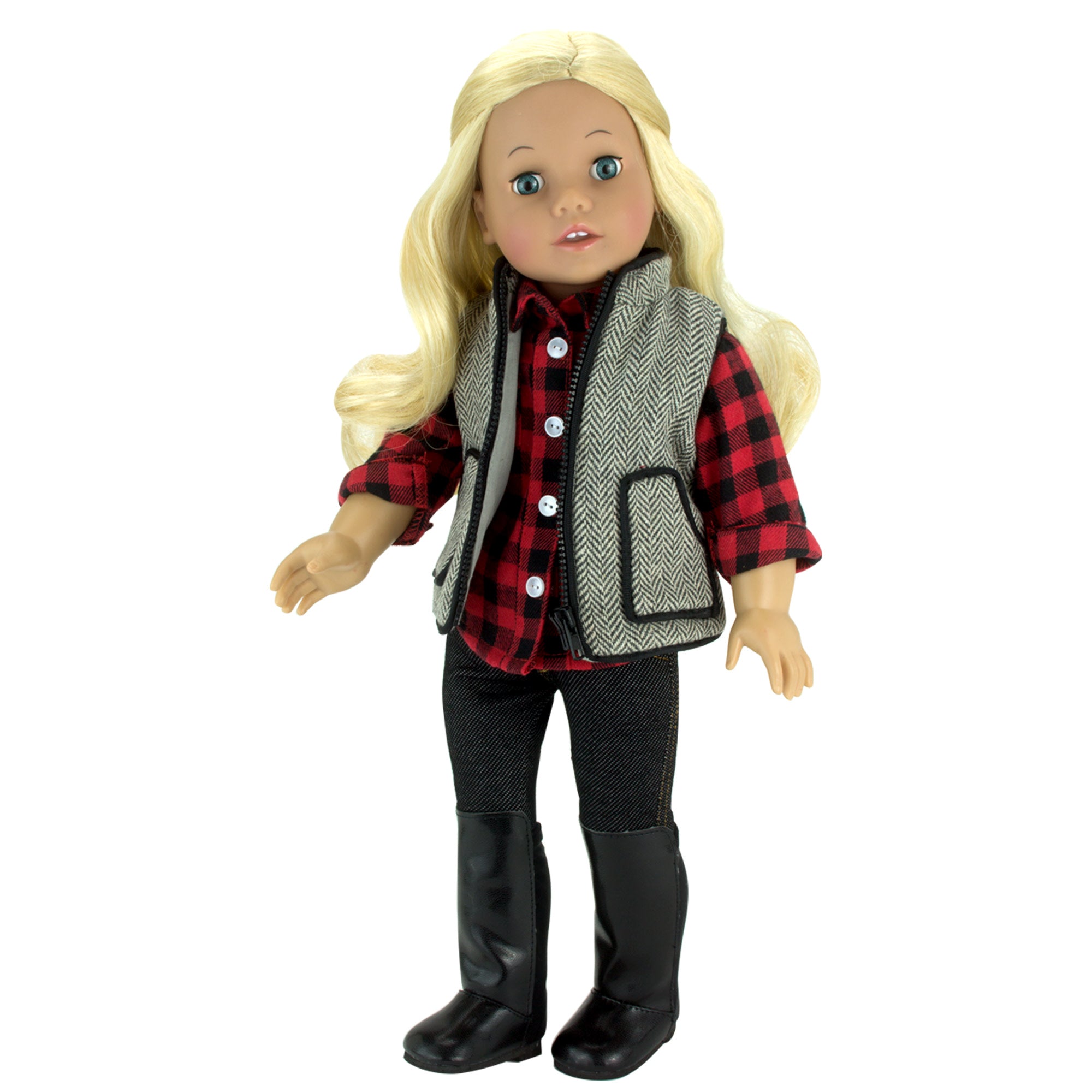 Sophia’s Long-Sleeved Button-Down Buffalo Check Shirt, Black Jeggings, & Herringbone Print Zip-Up Vest for 18” Dolls, Red/Black