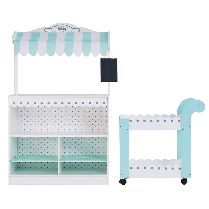 Image shows the front of the Teamson Kids My Dream Bakery Shop Stand and Dessert Cart in White/Blue