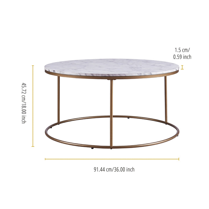 A Teamson Home Marmo Modern Marble-Look Round Coffee Table's dimensions in inches and centimeters.