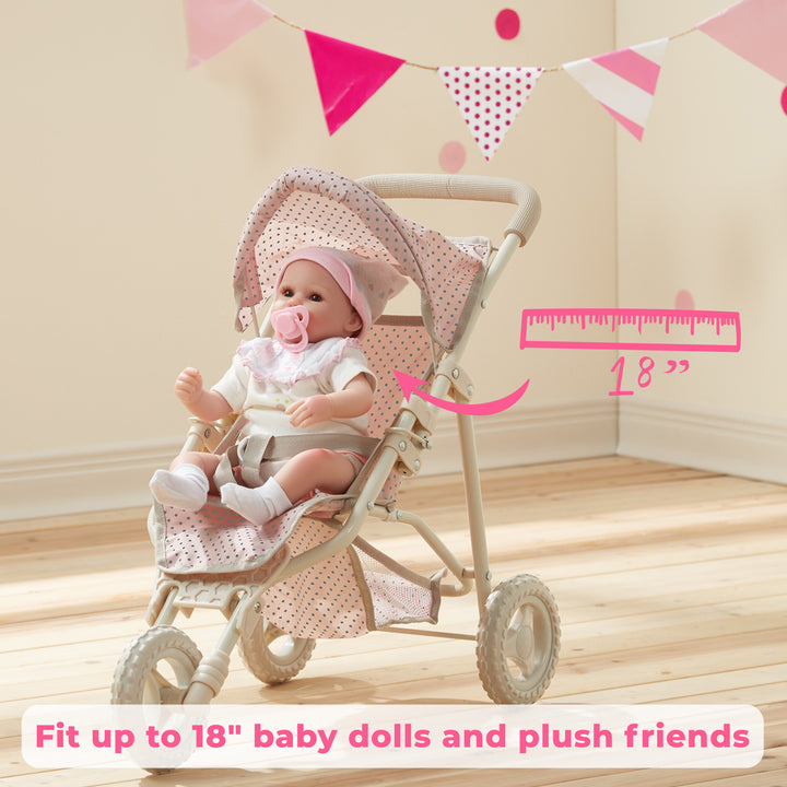A baby doll jogging stroller with a baby doll sitting inside next to an illustration of a ruler measuring 18 inches and a caption, "Fit up to 18" baby dolls and plush friends"