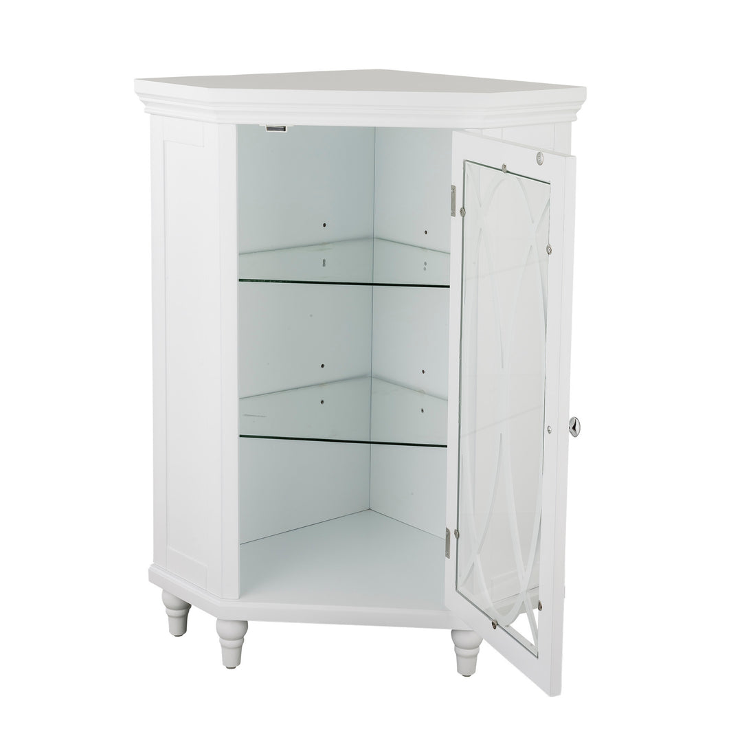 White Teamson Home Florence Corner Floor Cabinet with the lattice-designed glass panel door open and two adjustable glass shelves inside