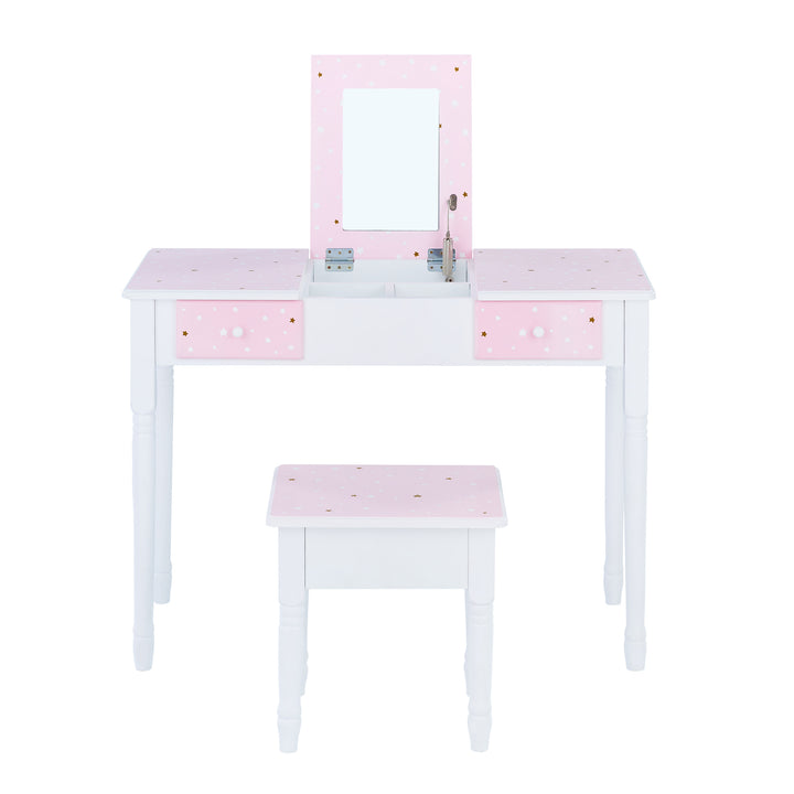 A pink and white Fantasy Fields Kids Kate Twinkle Star vanity set with a foldable mirror and chair.