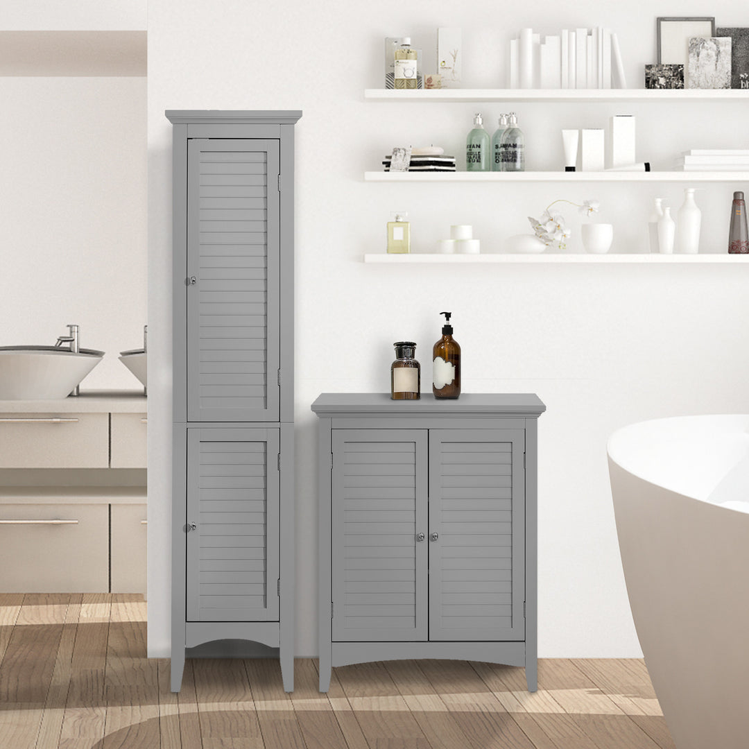 A bathroom with a bathtub, shelves, and a Teamson Home Glancy Wooden Linen Tower Cabinet with Storage, Gray for added storage and organization.