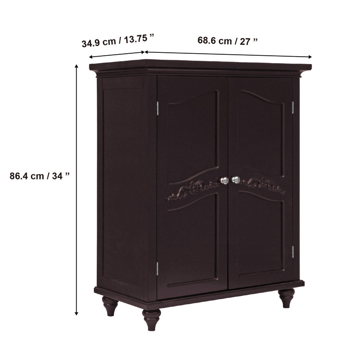 Dimensions in inches and centimeters Teamson Home Versailles Dark Espresso Floor Cabinet with ornate detailing