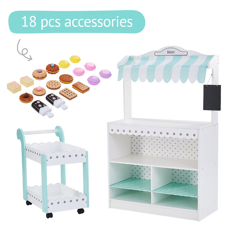 Image shows all the included items in the My Dream Bakery Shop Stand and Dessert Cart plus 18 bakery accessories
