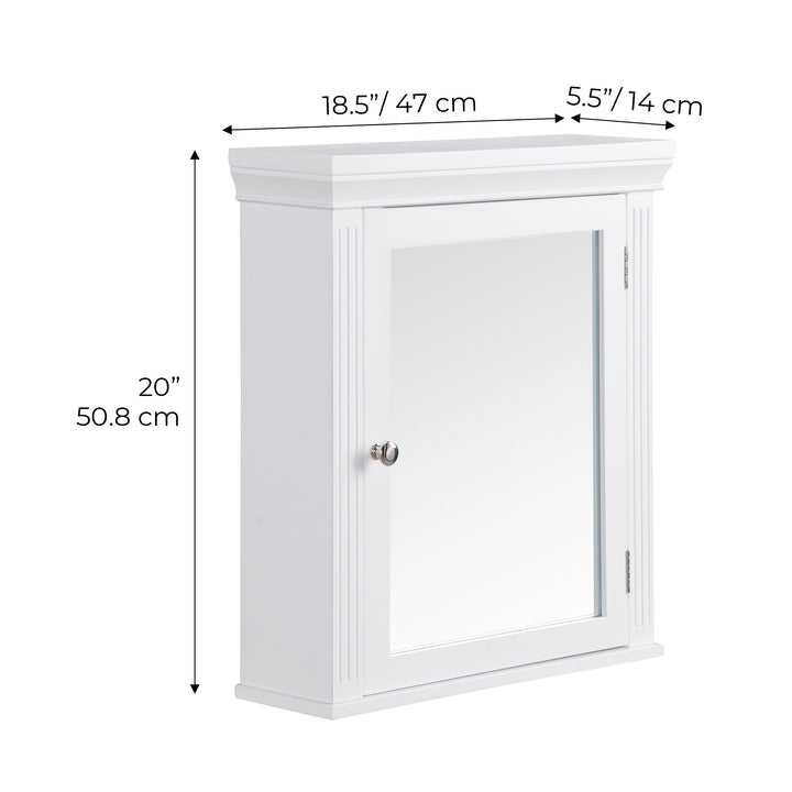 Dimensions in inches and centimeters of a White Teamson Home Removable Mirrored Medicine Cabinet with Crown Molded Top