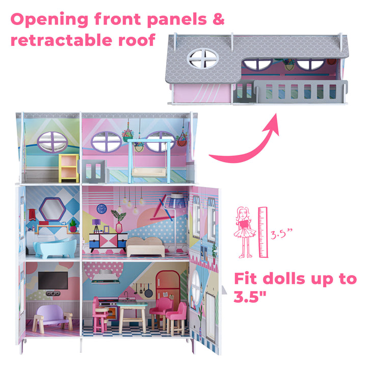 A close-up of the third floor with the caption "Opening front panels & retractable roof", and a close-up of the dollhouse with all the furnishings with the caption "fit dolls up to 3.5""
