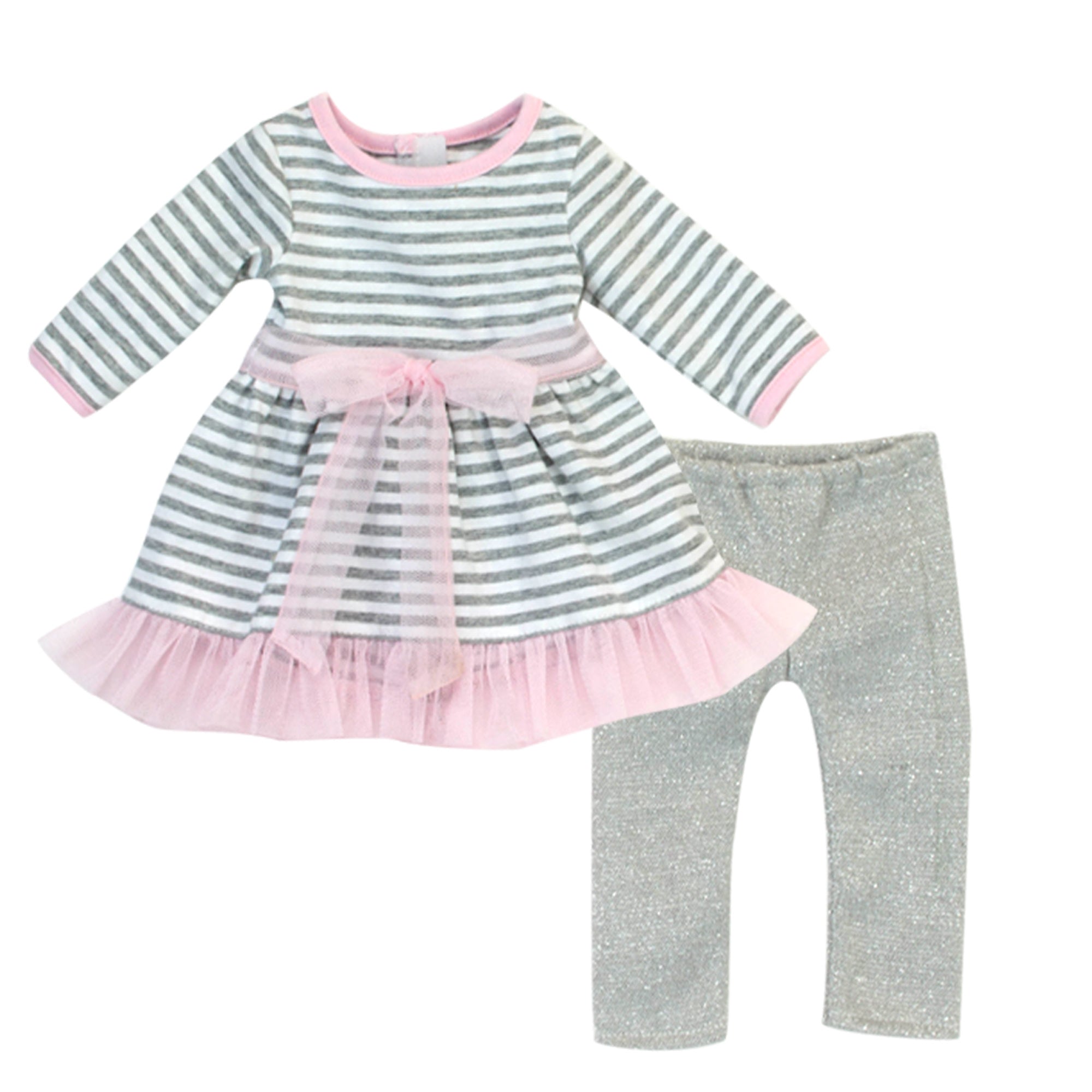Sophia’s Long-Sleeved Striped Tulle Hem Sweater Dress, Knit Leggings with Sparkle Accents, & Tulle Flower Headband for 18” Dolls, Pink/Gray