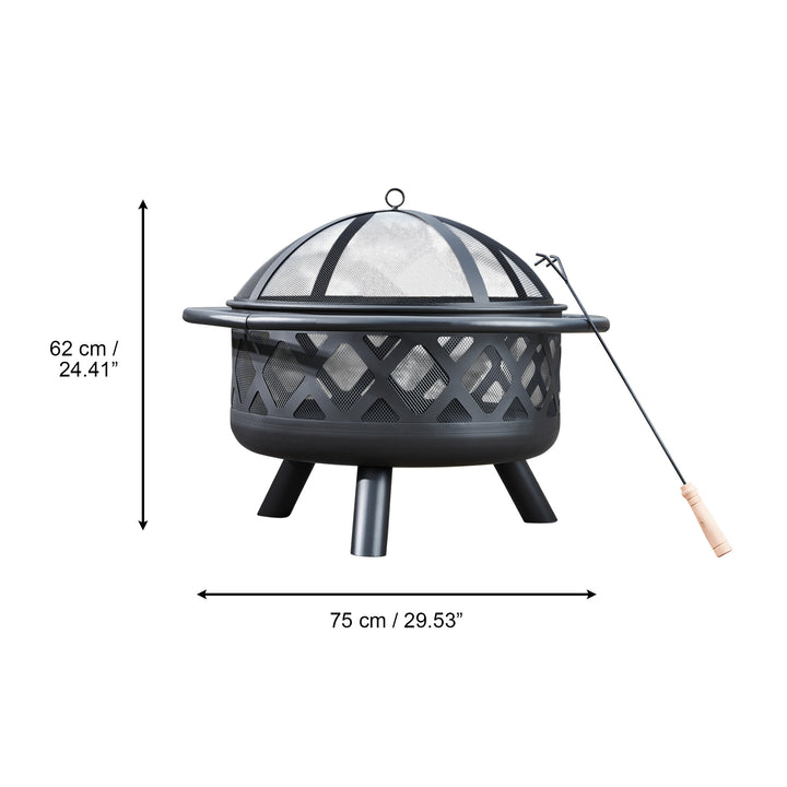 Teamson Home 30" Outdoor Round Wood Burning Fire Pit with Steel Base, Black with mesh lid and poker, featuring a steel base and dimensions in inches and centimeters